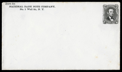 Undersander E27F, 1866 15c Lincoln unadopted stamped envelope essay, using the same die engraving of the 1866 postage stamp (Scott 77) imprinted at top right in black on
86x155mm white laid paper entire, with interesting short transfer of des