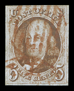 1d, 5c Brown orange, an attractive used example of this scarce and often misidentified shade, full margins all around, bright true color, red grid cancel and a portion of a
c.d.s., very fine 2006 PF certificate.