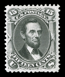 77, 15c Black, very scarce mint single, rich color and a strong impression, full o.g., small gum crease, otherwise fine 2009 PSE certificate (VG 50 OGph SMQ
$1,300.00).