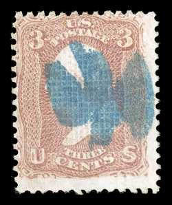 83, 3c Rose, C grill, strong bright color, well defined grill, cancelled by an eye-catching blue Bluebird postmark of Rockford, Illinois (S-E PA-B18), fine stamp with an
excellent strike certainly one of the most desirable cancels to be