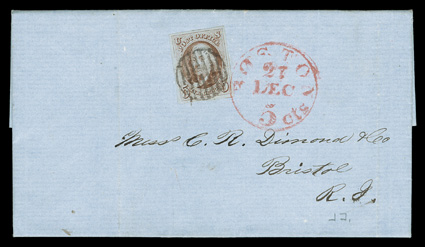 1, 5c Red brown, single with oversized even margins all around, strong color and impression, cancelled by black grid and tied to 1850 folded letter to Bristol, R.I. by red
Boston27 Dec datestamp with integral 5 cts rate, fresh and extremely