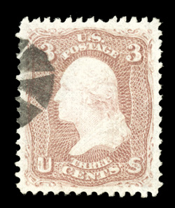 88, 3c Rose, E grill, a marvelous used example of this relatively common stamp, in anything but common quality, beautifully centered amid exceedingly large margins, fresh
color, neat portion of a circle of wedges cancel that is completely face