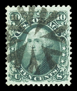 89, 10c Green, E grill, exceptionally well centered within large margins, rich color and a clean impression, marvelously cancelled by a centrally struck circle of wedges
cancel, extremely fine a most attractive stamp 1997 PF certificate e
