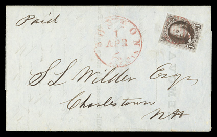 1, 5c Brown, handsome single with full to large margins, gorgeous color and a razor-sharp impression, just tied by red grid on 1848 folded letter, matching red Boston c.d.s.,
very fine.