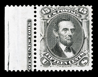 91, 15c Black, E grill, a visually appealing example of this rare mint stamp, being a left sheet-margin partial imprint single, showing a large portion of the National Bank
Note Co. imprint, rich color, attractively centered, full o.g. with a