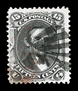91, 15c Black, E grill, striking used example, cancelled both by a bold leaf type postmark and a bit of a red transit c.d.s. as well, attractively centered, strong color, very
fine.