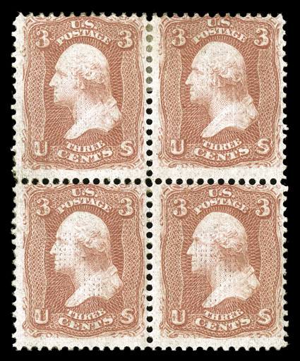 94, 3c Red, F grill, scarce mint block of four, strong fresh color and a sharp impression, disturbed o.g. that has been glazed from an acetate auction mount in which it was
housed, fine.