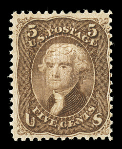 95, 5c Brown, F grill, a brilliant post office fresh mint example, possessing an overall mint bloom that is rarely encountered on stamps of this vintage, with rich luxuriant
color and a strong impression, quite well centered, brilliant ful