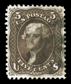 95a, 5c Black brown, F grill, an outstanding used example of this notoriously difficult stamp, being extraordinarily well centered, deep luxuriant color in the true Black brown
shade, relatively light cork cancel, extremely fine certainly a