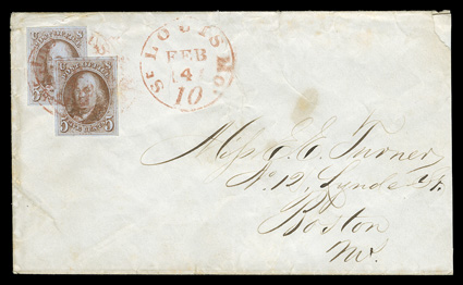 1, 5c Red brown, Turner correspondence cover to Boston characteristically franked with two singles affixed overlapping diagonally, both with large even margins all around, vivid
rich color and detailed early printing impression, tied by twice st