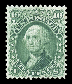96, 10c Yellow green, F grill, an impressive example of this very scarce mint stamp, featuring rich luxuriant color and a sharp detailed impression, uncharacteristically well
centered as well, full fresh o.g., lightly hinged, very fine 1998 a