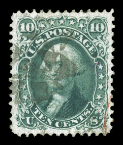 96, 10c Green, F grill, used, exceptionally well centered within especially large margins, sumptuously rich color in the Green shade and a crisp detailed impression, light cork
cancel and a bit of a red transit pmk., extremely fine and choice