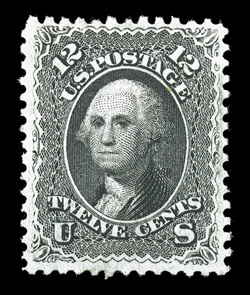 97, 12c Black, F grill, uncharacteristically well centered and margined, crisp detailed impression, full o.g., lightly hinged, choice very fine a highly collectable example of
this elusive mint stamp 2006 PSE certificate.