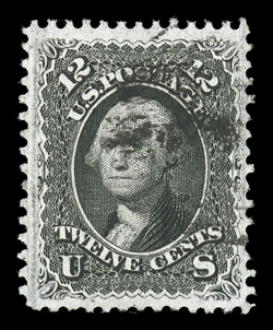 97, 12c Black, F grill, premium quality used example, wonderfully well centered within large margins, intensely rich color and a razor-sharp impression on fresh white paper,
lightly cancelled, extremely fine 1992 and 2000 PF certificates.