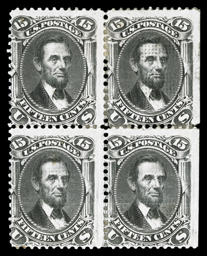 98, 15c Black, F grill, an extraordinarily rare mint block of four, being one of a very small number of existing mint blocks, most of which are either faulty andor without gum,
natural s.e. at right, quite fresh overall, full o.g. which i