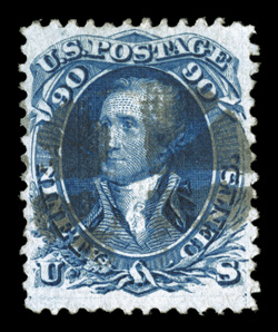 101, 90c Blue, F grill, a handsome used example of this scarce high value grilled stamp, possessing extraordinarily intense rich color and impression on bright paper, well
centered for this, neat and unobtrusive central strike of circle of wed