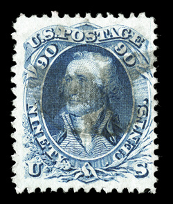 101, 90c Blue, F grill, impressive used example of this scarce high value, remarkably fresh, with rich luxuriant color on immaculate white paper, attractively centered within
large margins, light cancel, very fine 1988 PF certificate.