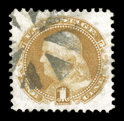 112, 1c Buff, an exciting used example, with remarkably large margins all around and being exceedingly well centered within them, warm color, neat circle of wedges cancel,
extremely fine an especially large-margined gem 2009 PSE certificate (X