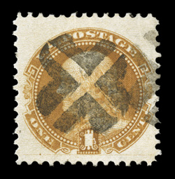 112, 1c Buff, exceptionally well centered within lavish margins, bright color, neat socked-on-the-nose petite crossroads cancel, extremely fine 2009 PF
certificate.