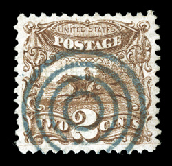 113, 2c Brown, an especially attractive used example, excellent centering within particularly large margins, rich color and a crisp impression, neat blue target cancel,
extremely fine 2009 PF certificate.
