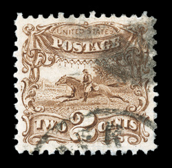 113 var., 2c Brown, split grill variety, lovely used example of this grill variety, uncharacteristically well centered and margined, bright color, extremely fine 2009 PF
certificate.