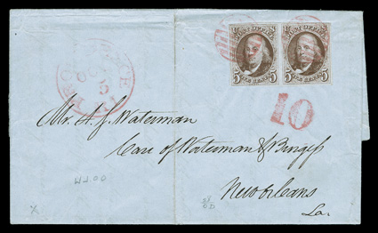 1, 5c Brown, horizontal pair, clear to mostly large margins, tiny scissor cuts in the right margin only well away from the stamp, gorgeous brown shade and highly detailed early
printing impression, tied by twice struck red grid to 1848 folded le