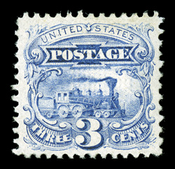 114, 3c Ultramarine, exceedingly well centered amid large margins, uncommonly rich color and a sharp impression on bright fresh paper, o.g., lightly hinged, extremely fine 2006
PF certificate (VF-XF 85).