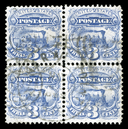 114, 3c Ultramarine, scarce used block of four, well centered and exceptionally fresh, lightly cancelled, a few trivial perf. separations, a very fine and attractive block 2007
PSE certificate.