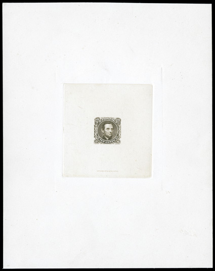 116-E1c, 10c Lincoln, unadopted design, large die essay in Black brown on India, die sunk on nearly full sized card measuring 150x192mm, with National Bank Note Co. imprint at
bottom, unusually clean and well preserved, small facial thin to ca