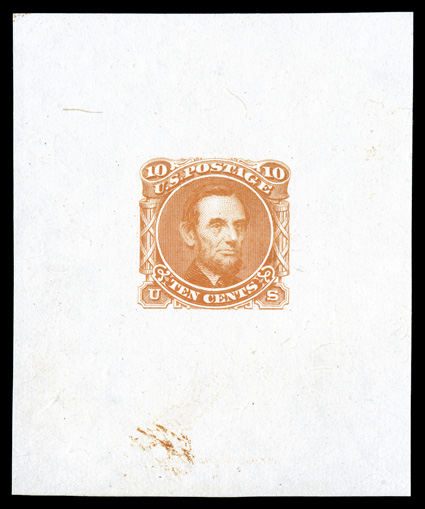 116-E1d, 10c Lincoln, unadopted design, large die essay in Orange on India, measuring 52x63mm, without imprint at bottom, very fine and choice.