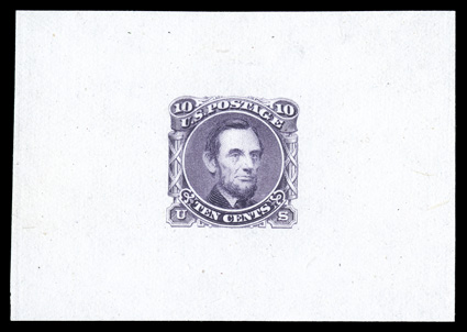 116-E1d, 10c Lincoln, unadopted design, large die essay in Red violet on India, measuring 67x47mm, without imprint at bottom, tiny insignificant thin speck, very
fine.