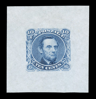 116-E1f, 10c Lincoln, unadopted design, large die essay in Blue on clear white thin bond paper, measuring 36x38mm, without imprint at bottom, very fine and
choice.