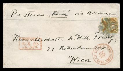 116, 10c Yellow, exceptionally well centered single tied by bold circle of Vs on 1869 cover to Vienna, red New York Paid All DirectJuly 29 c.d.s. and BremenFranco18869. framed
handstamp, Vienna reciever, a very fine and choice example