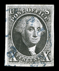 2, 10c Black, a beautiful used example of this popular classic, featuring extravagantly large and marvelously well balanced margins all around, strong color and an especially
crisp impression on fresh paper, light blue town c.d.s. cancel, an