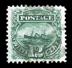 117, 12c Green, a marvelously choice used single, not only remarkably well centered within extraordinarily large margins, but also its color in incredibly deep and luxuriant,
while its impression is especially intense on bright paper, lightly ca