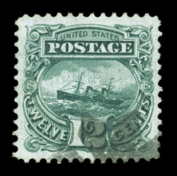 117, 12c Green, a marvelous used single, being extraordinarily well centered amid lavishly large margins all around, sumptuously rich color and a crisp detailed impression,
light geometric cancel that is completely free of the vignette, extremel