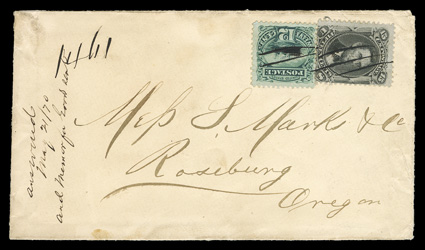 117, 12c Green, used together with 15c Black F grill (98), cancelled by neat pen strokes on 1870 cover to Rosenberg, Oregon, 1461 registry control number, very fine reportedly
the only known combination of the Twelve Cent Pictorial a