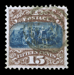 118, 15c Brown and blue, Ty. I, a highly select used example that features uncharacteristically large and incredibly well balanced margins all around, plus its colors are
especially bright and rich, while its impression is well incised, light ta