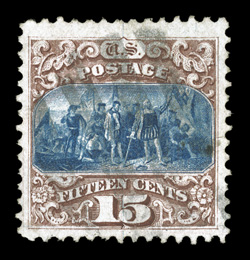 118, 15c Brown and blue, Ty. I, used, very well centered within unusually large margins, attractive colors, lightly cancelled, choice very fine 2009 PF
certificate.