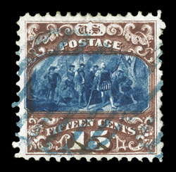 119, 15c Brown and blue, Ty. II, used, deeply rich colors and strong impressions, well centered, blue grid cancel which is most uncommon on this value, choice very fine 2009 PF
certificate.