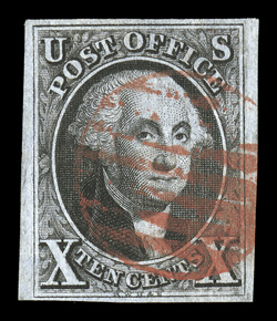 2, 10c Black, pos. 67R, eye-catching used single, with prooflike color and impression on crisp clean paper, mostly large margins to ample at base, vivid red grid cancel, very
fine.