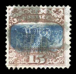 119b, 15c Brown and blue, Ty. II, Center Inverted, a highly collectable example of this invert rarity, with far better centering than normal, large margins as well, attractive
colors, fairly light segmented cork cancel, small faults which do not