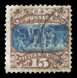 119b, 15c Brown and blue, Ty. II, Center Inverted, a used single of this rarity that is one less than 100 recorded examples, possessing excellent appearance when compared to a
large number of the other known copies, with particularly strong