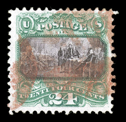 120, 24c Green and violet, pretty used single, with outstanding rich colors and well incised impressions on pristine white paper, all of which is wonderfully contrasted by the
stamps brilliant red leaf cancellation, well centered and margin