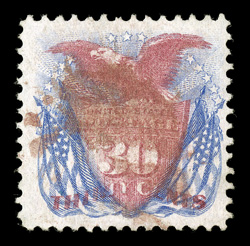 121, 30c Blue and carmine, brilliantly rich colors, large margins, cancelled solely by a light red grid pmk. which is most unusual, very fine 1988 PF certificate
ex-Koppersmith.