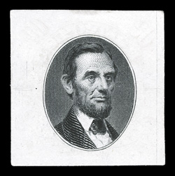 122-E4c var., (90c) Lincoln, vignette only die essay on India, two examples, one being the Scott listed essay of the vignette (catalog $2,500.00), in black and measuring
approximately 21x29 mm, with a small tear and crease, still of very fine ap