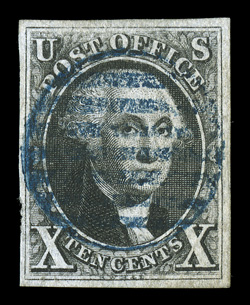 2 Var., 10c Black, short transfer at top, attractive used single, mostly large margins to ample at left, rich color and fine impression on crisp clean paper, sock-on-the-nose
blue grid cancel, very fine.