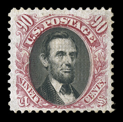 122, 90c Carmine and black, unused, well centered within large margins through reperforated at bottom, regummed, small perforation repair at top, very fine
appearance.