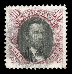 122, 90c Carmine and black, an absolutely spectacular appearing used example, possessing the most massive margins we have ever encountered on this popular stamp and being
flawlessly centered within them, strong rich colors, especially even and i