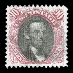 122, 90c Carmine and black, used, exceedingly well balanced margins all around, bright colors on fresh paper, light cancel, trivial corner crease, minute closed tear at bottom
and a faint stain at top, extremely fine appearance.